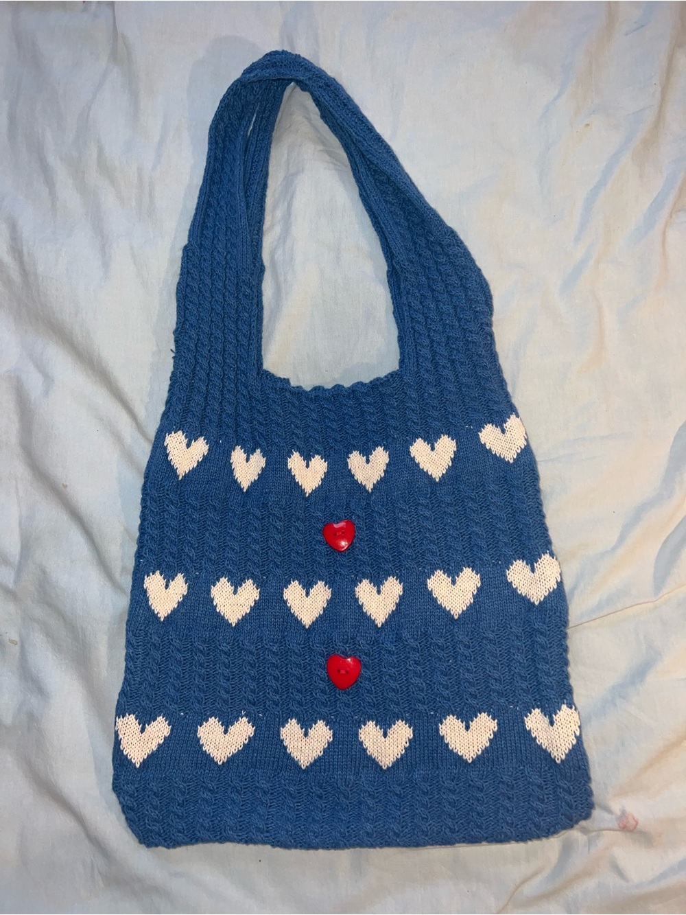 Blue Knit Heart Tote Bag with White Hearts